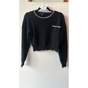 blue blush Black Knit Sweater S Contrast Stitching Pullover